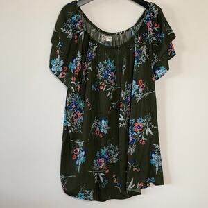 terra & Sky Top 3X Short Sleeve Floral Print Green Flutter Sleeve Flowy